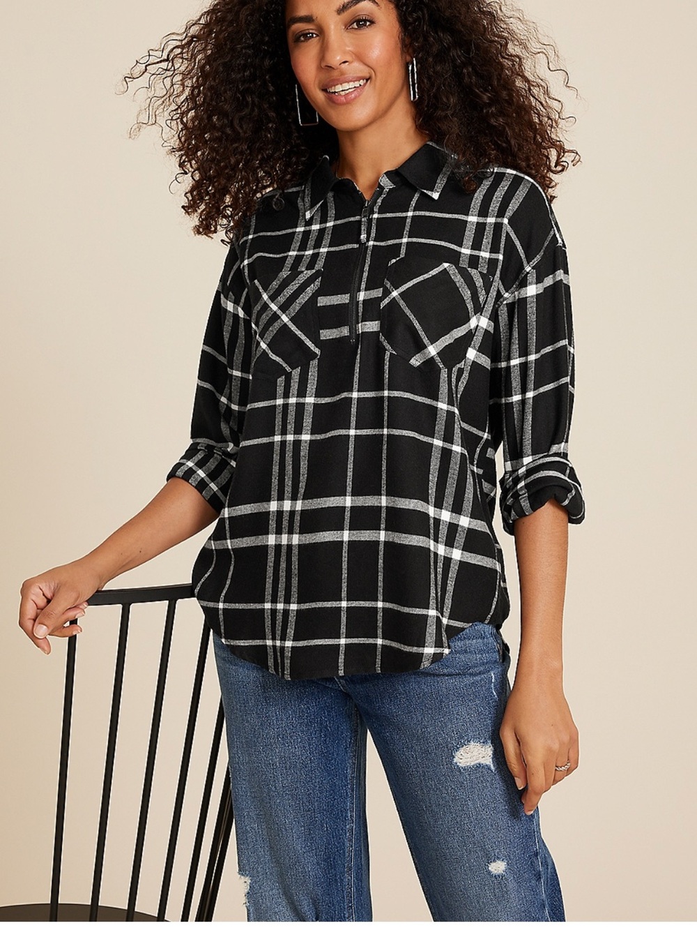 Maurices Black and White Plaid Button-Front Shirt